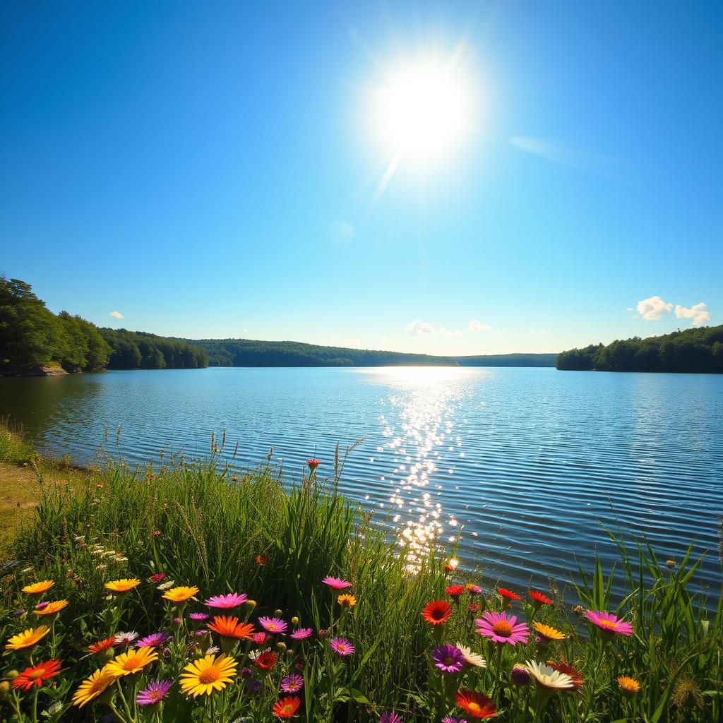 A serene landscape featuring a tranquil lake surrounded by lush, green forests under a bright blue sky
