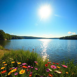 A serene landscape featuring a tranquil lake surrounded by lush, green forests under a bright blue sky
