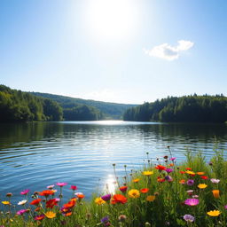 A serene landscape featuring a tranquil lake surrounded by lush, green forests under a bright blue sky
