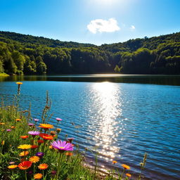 A serene landscape featuring a tranquil lake surrounded by lush, green forests under a bright blue sky