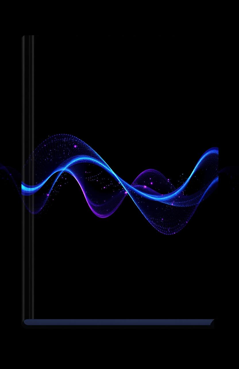 A dark and captivating book cover design featuring a stunning representation of resonance or sound waves visually depicted in vibrant blue and purple hues