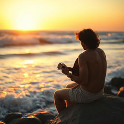 A man playing the guitar by the seaside, facing the waves as they crash against the shore