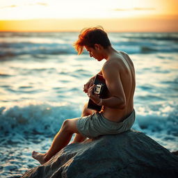 A man playing the guitar by the seaside, facing the waves as they crash against the shore