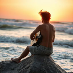 A man playing the guitar by the seaside, facing the waves as they crash against the shore