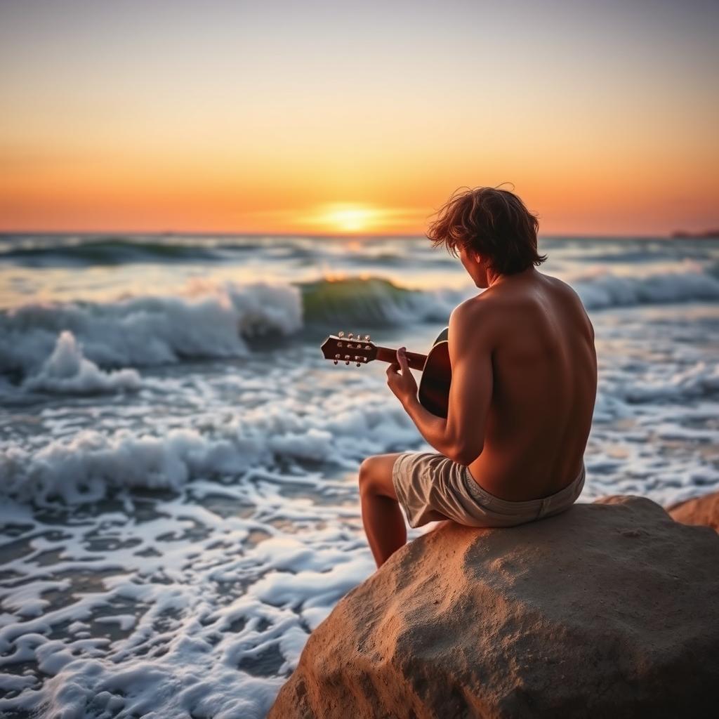 A man playing the guitar by the seaside, facing the waves as they crash against the shore