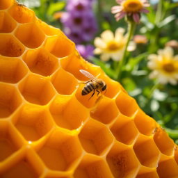 A beautiful close-up of honeycomb patterns found in nature, showcasing intricate hexagonal shapes filled with golden honey