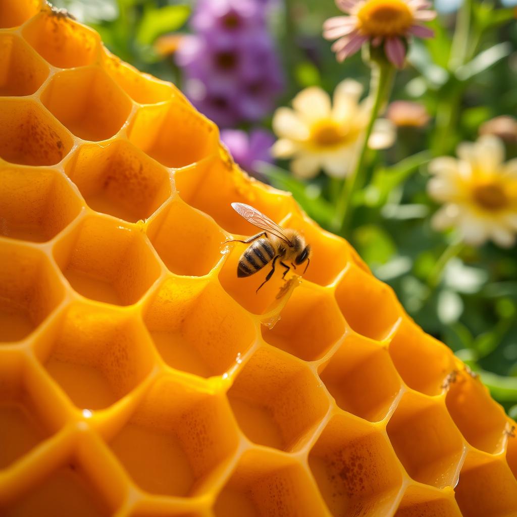 A beautiful close-up of honeycomb patterns found in nature, showcasing intricate hexagonal shapes filled with golden honey