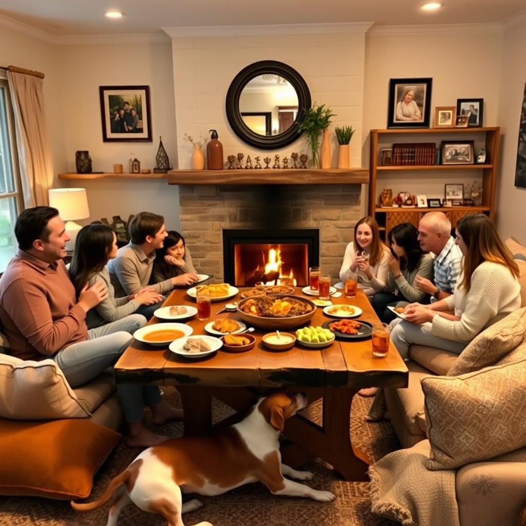 A family gathering in a cozy living room, filled with warmth and love