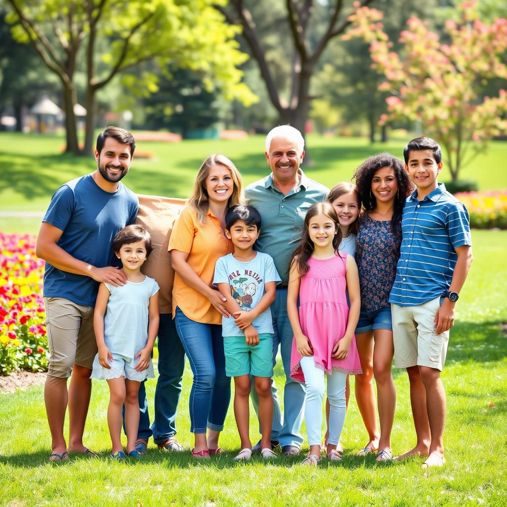 A joyful family portrait featuring seven people of diverse backgrounds standing together