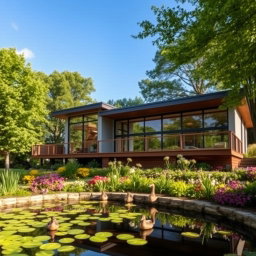 A modern house with large glass windows and a beautiful wooden deck