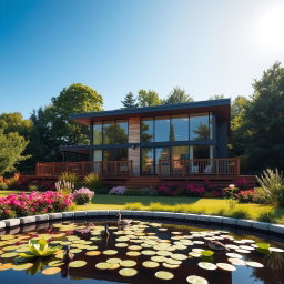 A modern house with large glass windows and a beautiful wooden deck