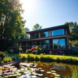 A modern house with large glass windows and a beautiful wooden deck