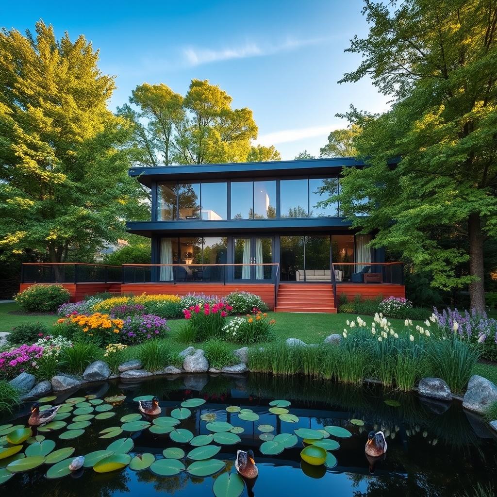 A modern house with large glass windows and a beautiful wooden deck