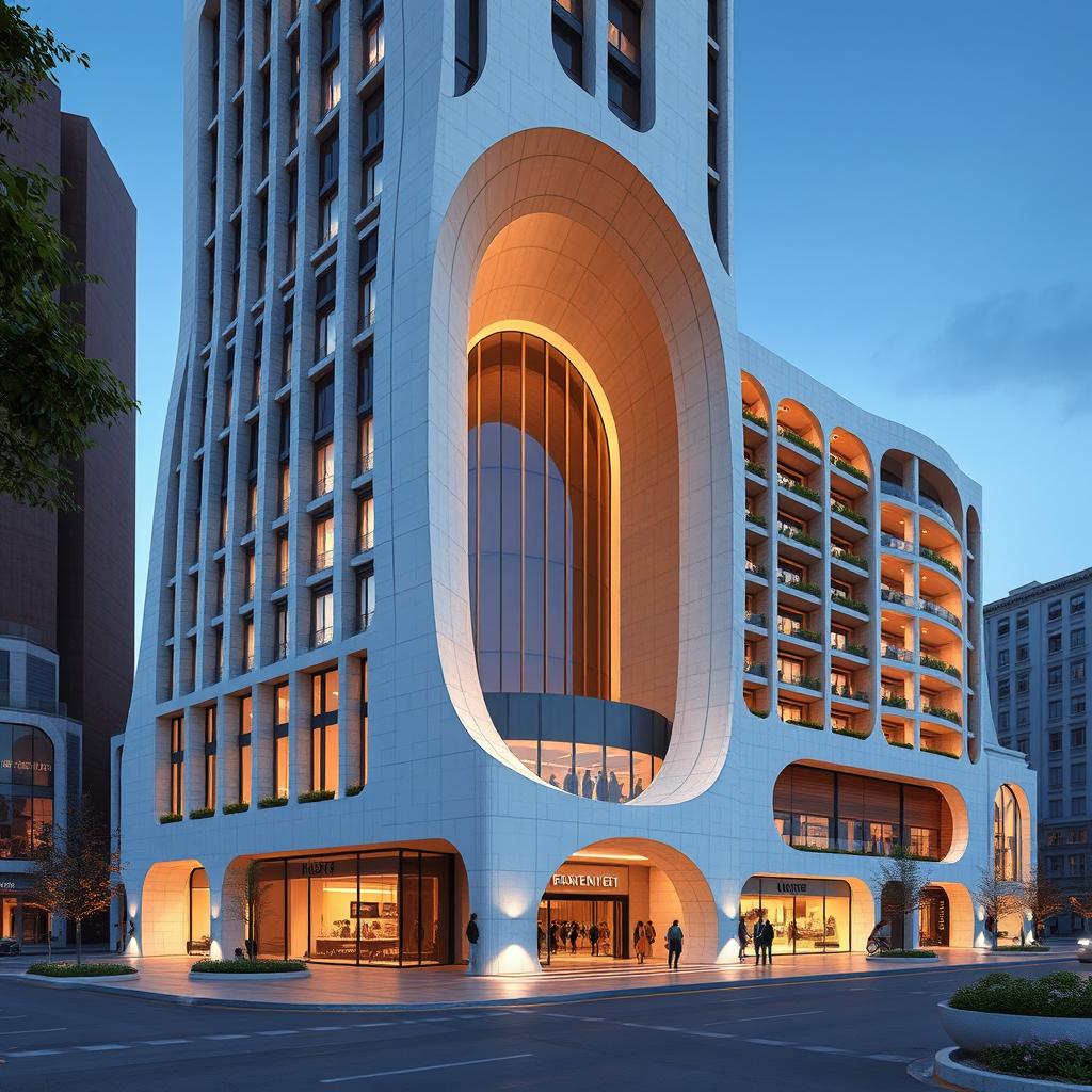 A futuristic, deconstructivist 20-story residential tower with a dynamic and luxurious form, situated on a plot of 2925 square meters (North: 54m, South: 45m, East: 50m, West: 80m)