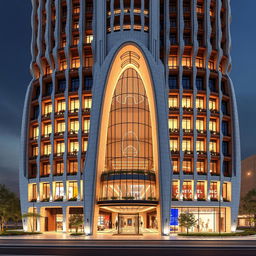 A futuristic, deconstructivist 20-story residential tower with a dynamic and luxurious form, situated on a plot of 2925 square meters (North: 54m, South: 45m, East: 50m, West: 80m)