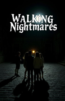 An old courtyard at night illuminated by a bright moon, with a group of teenagers turned away from the viewer
