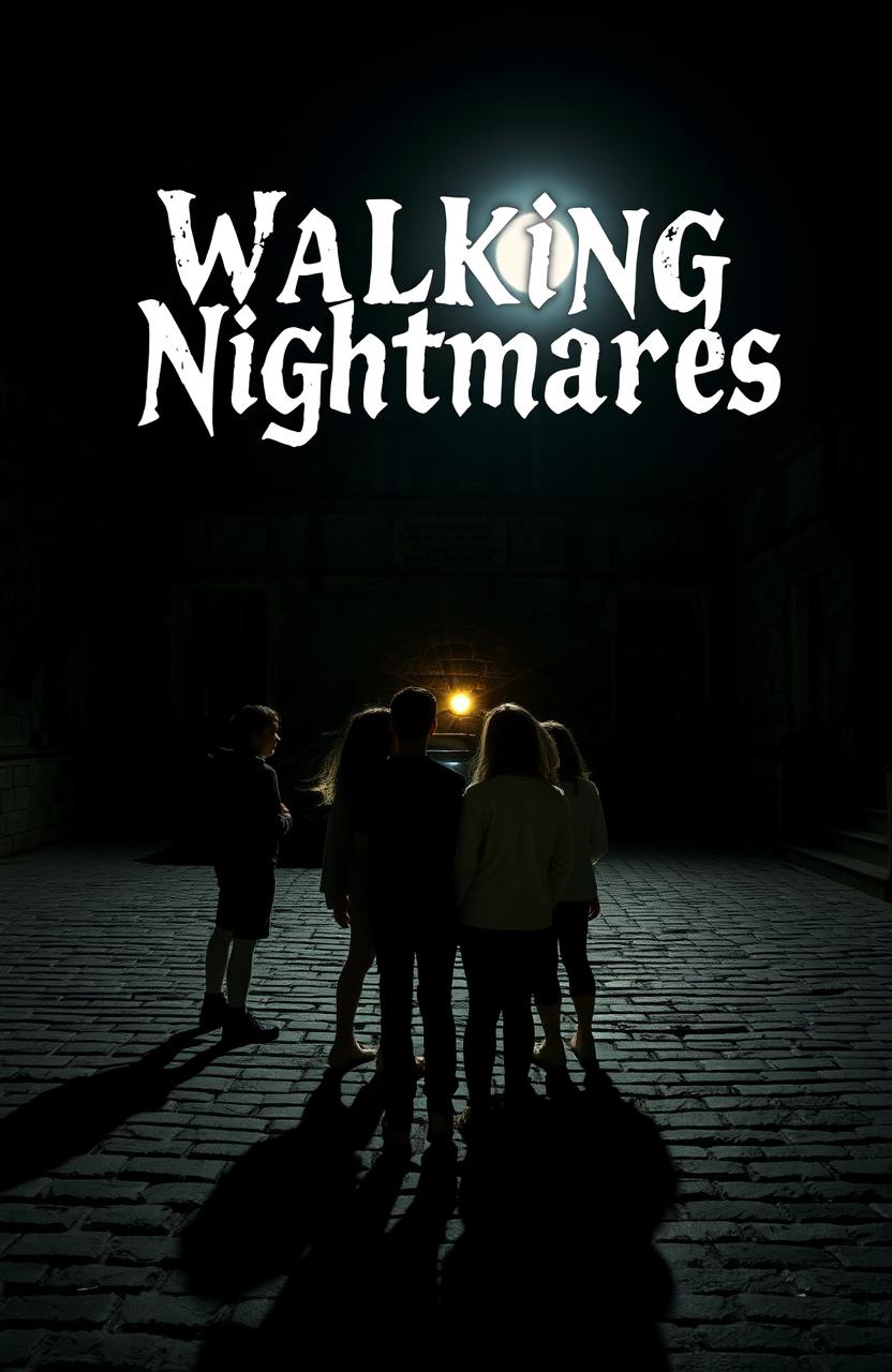An old courtyard at night illuminated by a bright moon, with a group of teenagers turned away from the viewer