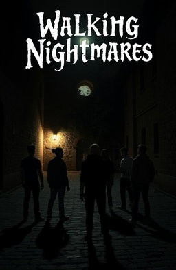 An old courtyard at night illuminated by a bright moon, with a group of teenagers turned away from the viewer
