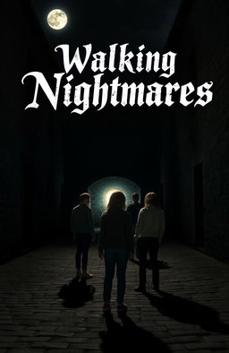 An old courtyard at night illuminated by a bright moon, with a group of teenagers turned away from the viewer
