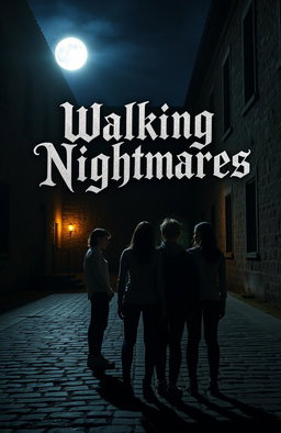 An old courtyard at night illuminated by a bright moon, with a group of teenagers turned away from the viewer