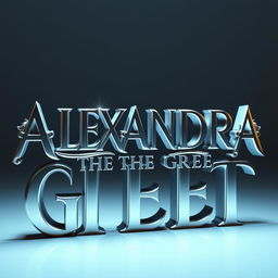 A cinematic three-dimensional design featuring the words 'ALEXANDRA THE GREAT' crafted from aluminum in a striking silver color