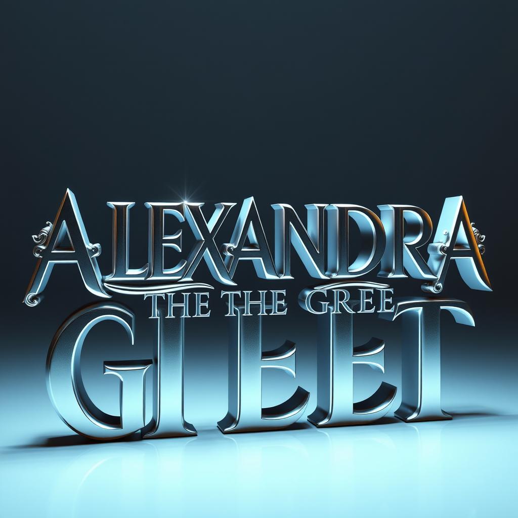 A cinematic three-dimensional design featuring the words 'ALEXANDRA THE GREAT' crafted from aluminum in a striking silver color