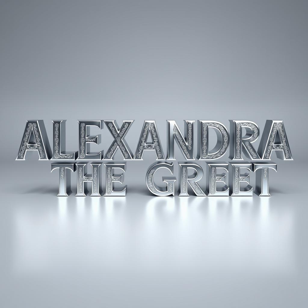 A 3D representation of the words 'ALEXANDRA THE GREAT' crafted from aluminum with a beautiful ornate design