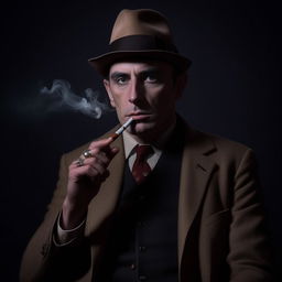 Edit the portrait of the post-WW2 English gangster to show him holding a lit cigarette elegantly between his fingers.