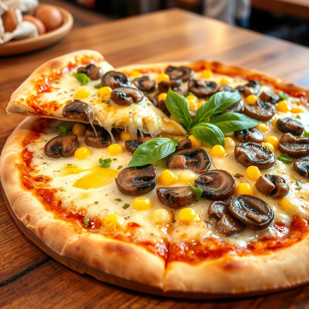 A flavorful mushroom and corn pizza, featuring a perfectly baked thin crust topped with sautéed mushrooms and sweet, golden corn kernels