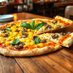 A flavorful mushroom and corn pizza, featuring a perfectly baked thin crust topped with sautéed mushrooms and sweet, golden corn kernels