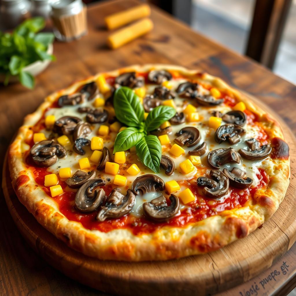 A delicious mushroom and corn pizza, showcasing a crispy, golden crust perfectly baked to perfection