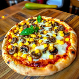 A delicious mushroom and corn pizza, showcasing a crispy, golden crust perfectly baked to perfection