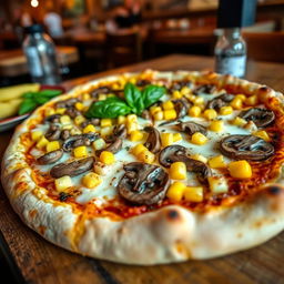 A delicious mushroom and corn pizza, showcasing a crispy, golden crust perfectly baked to perfection
