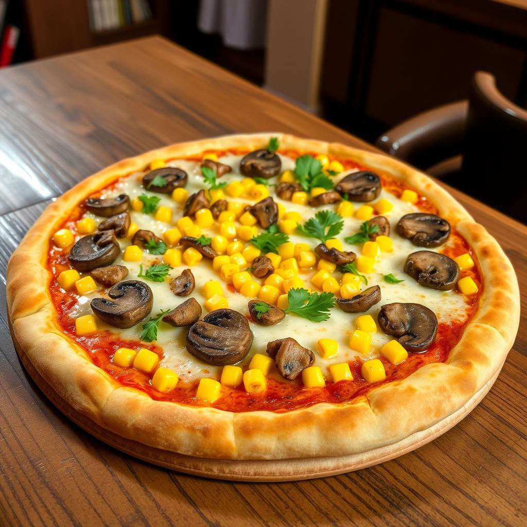A vibrant corn and mushroom pizza, featuring a perfectly baked crust that is golden and crispy