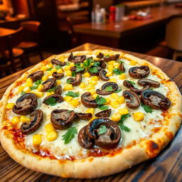 A vibrant corn and mushroom pizza, featuring a perfectly baked crust that is golden and crispy