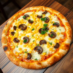 A vibrant corn and mushroom pizza, featuring a perfectly baked crust that is golden and crispy