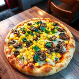 A vibrant corn and mushroom pizza, featuring a perfectly baked crust that is golden and crispy