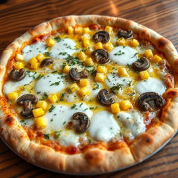 A delectable corn and mushroom pizza, featuring a beautifully golden and crispy crust