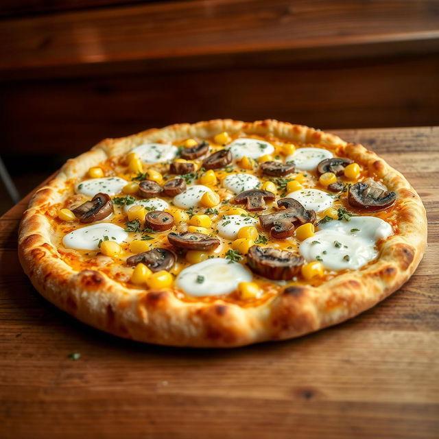A delectable corn and mushroom pizza, featuring a beautifully golden and crispy crust