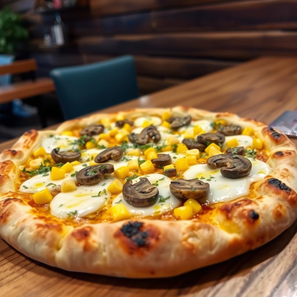 A delectable corn and mushroom pizza, featuring a beautifully golden and crispy crust