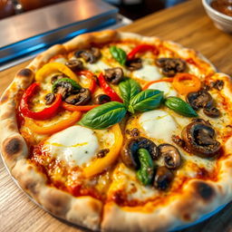 A vibrant capsicum and mushroom pizza, featuring a perfectly baked golden crust that is crispy on the outside and soft on the inside