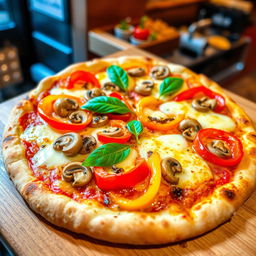 A vibrant capsicum and mushroom pizza, featuring a perfectly baked golden crust that is crispy on the outside and soft on the inside