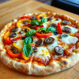 A vibrant capsicum and mushroom pizza, featuring a perfectly baked golden crust that is crispy on the outside and soft on the inside