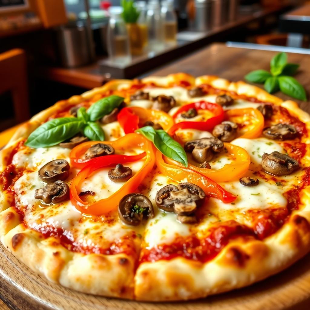 A vibrant capsicum and mushroom pizza, featuring a perfectly baked golden crust that is crispy on the outside and soft on the inside