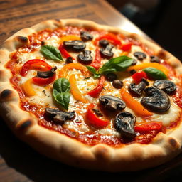 A mouthwatering capsicum and mushroom pizza, featuring a perfectly baked crust that is golden brown and slightly charred at the edges