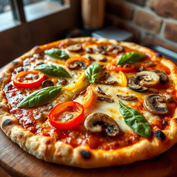 A mouthwatering capsicum and mushroom pizza, featuring a perfectly baked crust that is golden brown and slightly charred at the edges