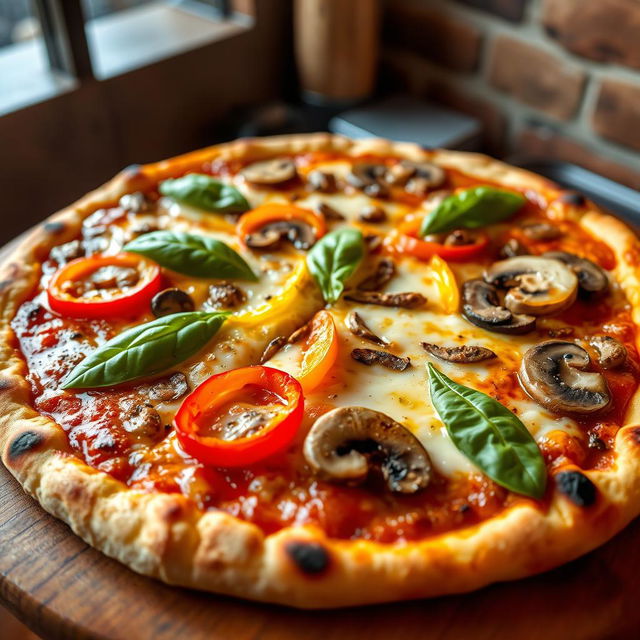 A mouthwatering capsicum and mushroom pizza, featuring a perfectly baked crust that is golden brown and slightly charred at the edges