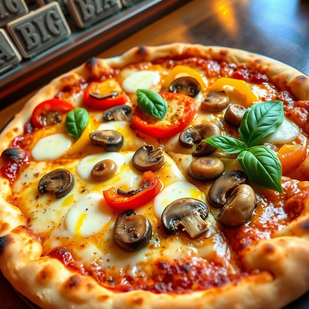 A mouthwatering capsicum and mushroom pizza, featuring a perfectly baked crust that is golden brown and slightly charred at the edges