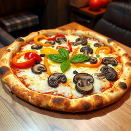 A mouthwatering capsicum and mushroom pizza, featuring a perfectly baked crust that is golden brown and slightly charred at the edges