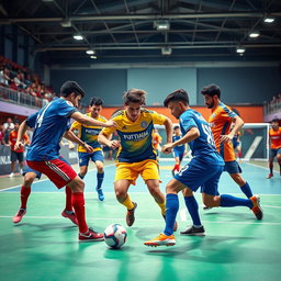 A dynamic and action-packed scene featuring futsal players in a competitive match
